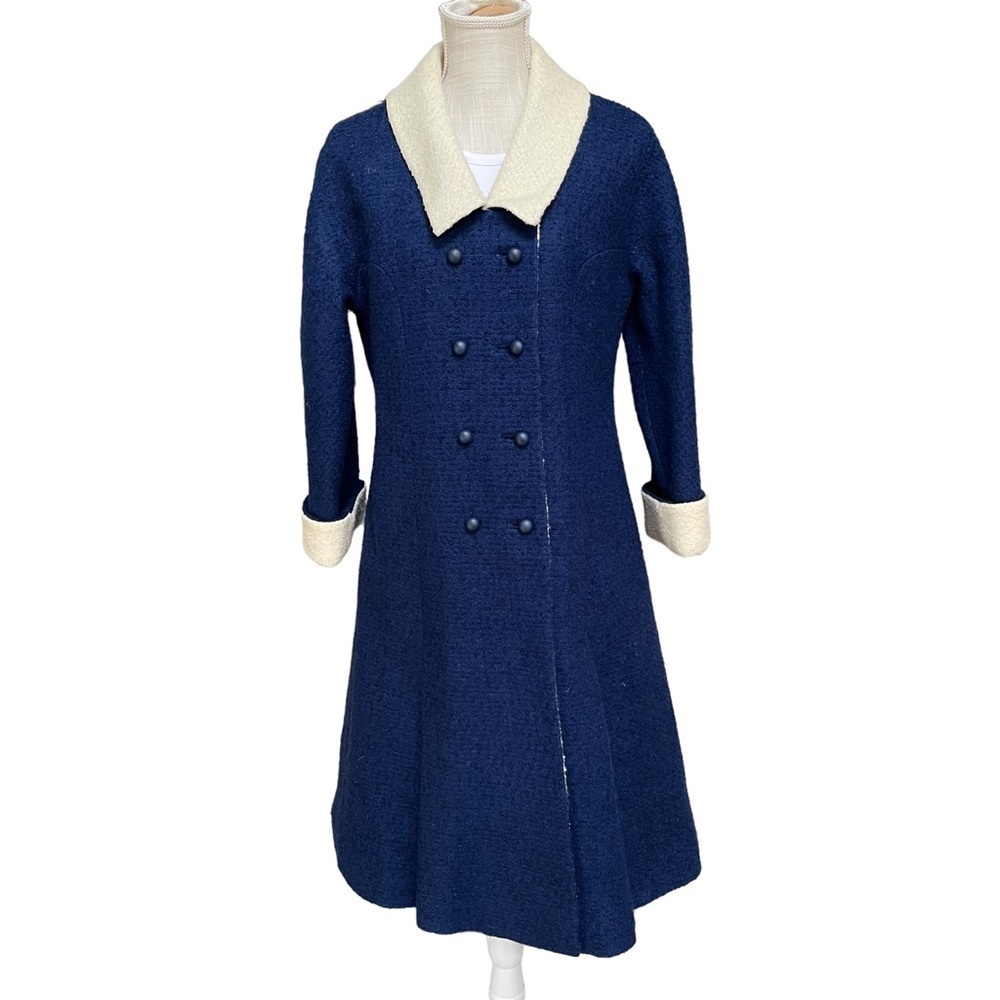 Vintage Double Breast Oversize Wool Winter Coat‎ in Blue & White